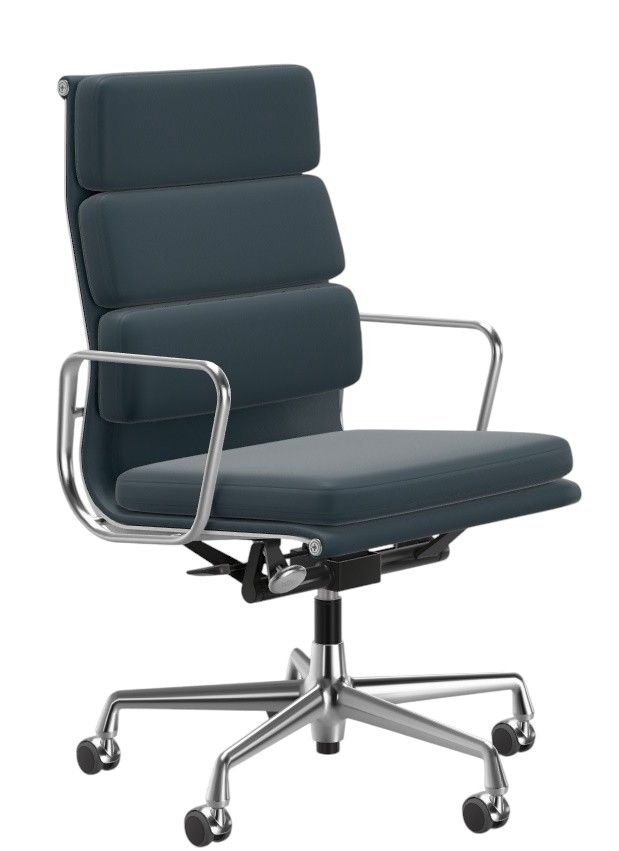 Soft Pad Chair EA219 / EA 219 Sessel VERCHROMT / LEDER PREMIUM MIT KONTRASTNAHT RAUCHBLAU Vitra EINZELSTÜCK